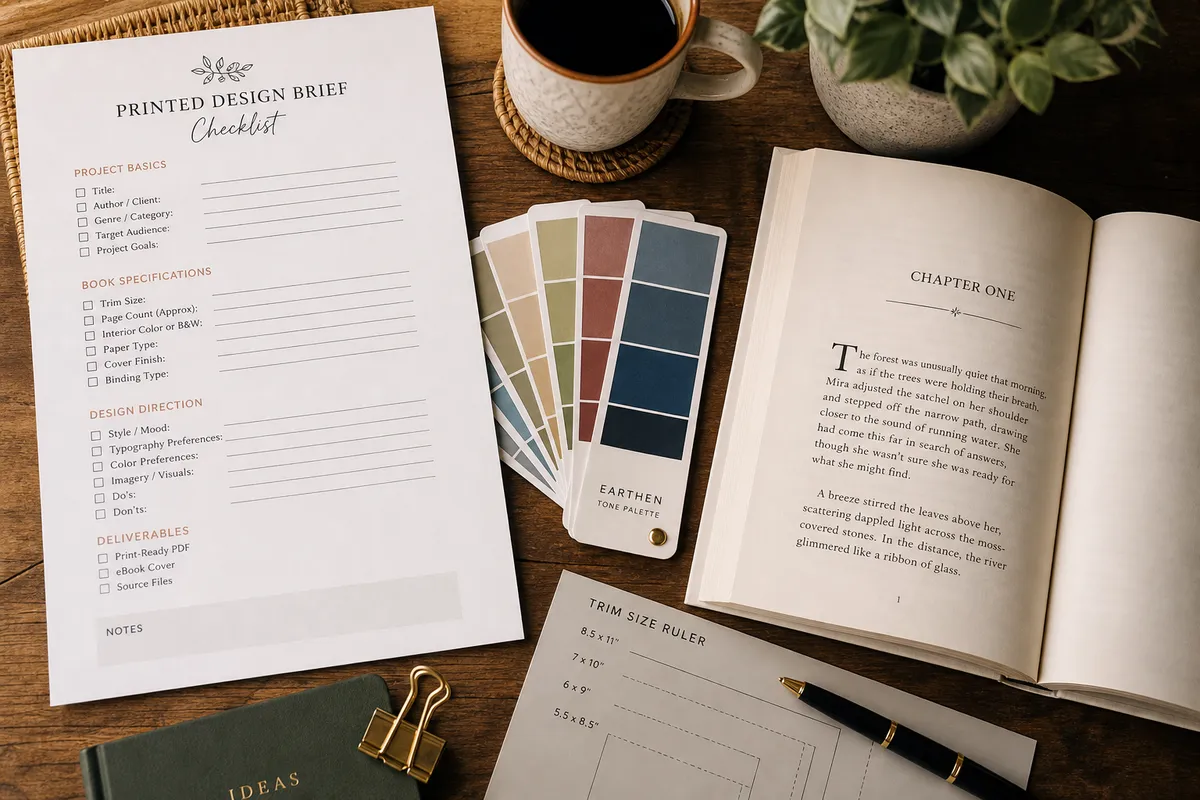 Book design brief checklist showing trim size genre references and manuscript details for designers