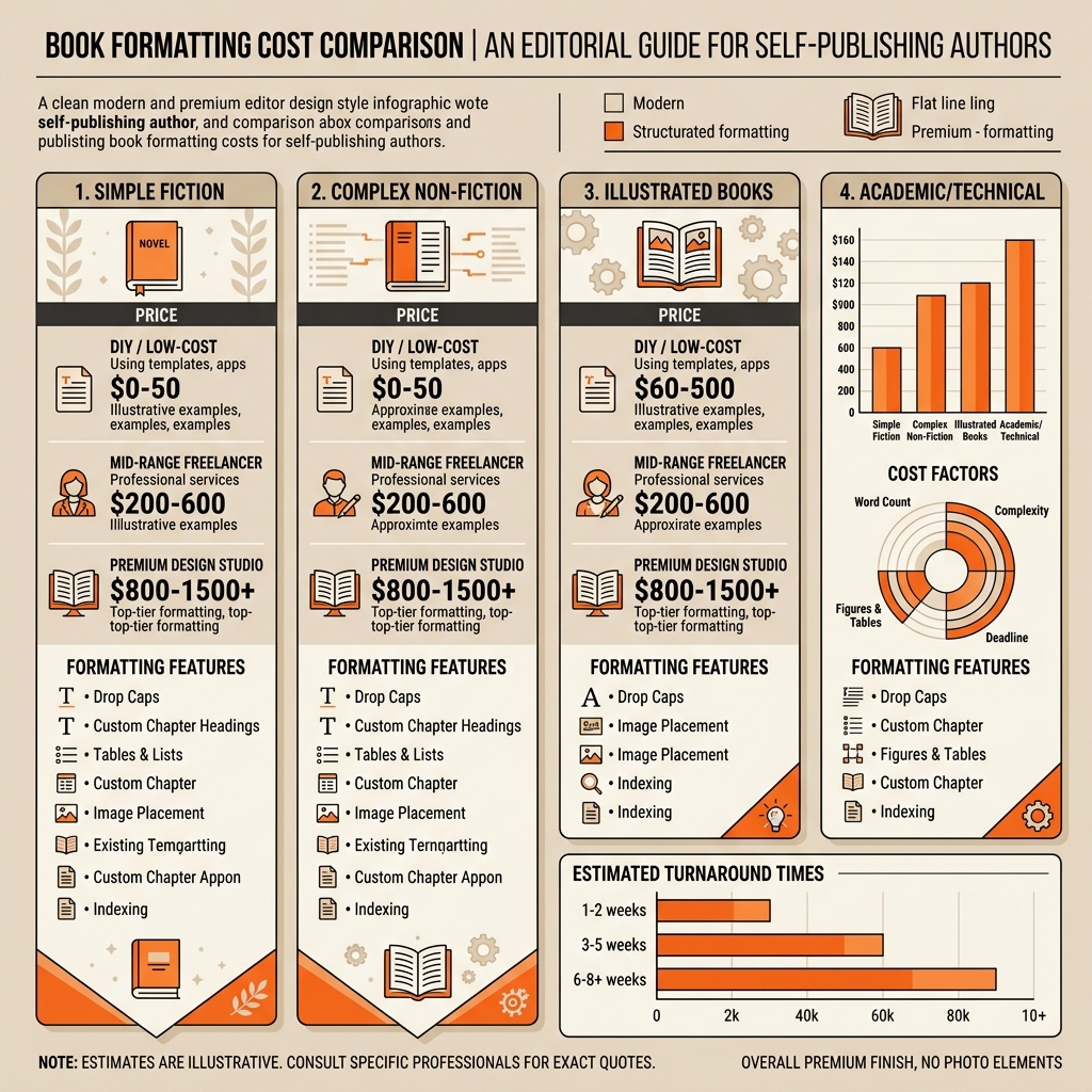 Book formatting price comparison chart showing InDesign service costs for 2026