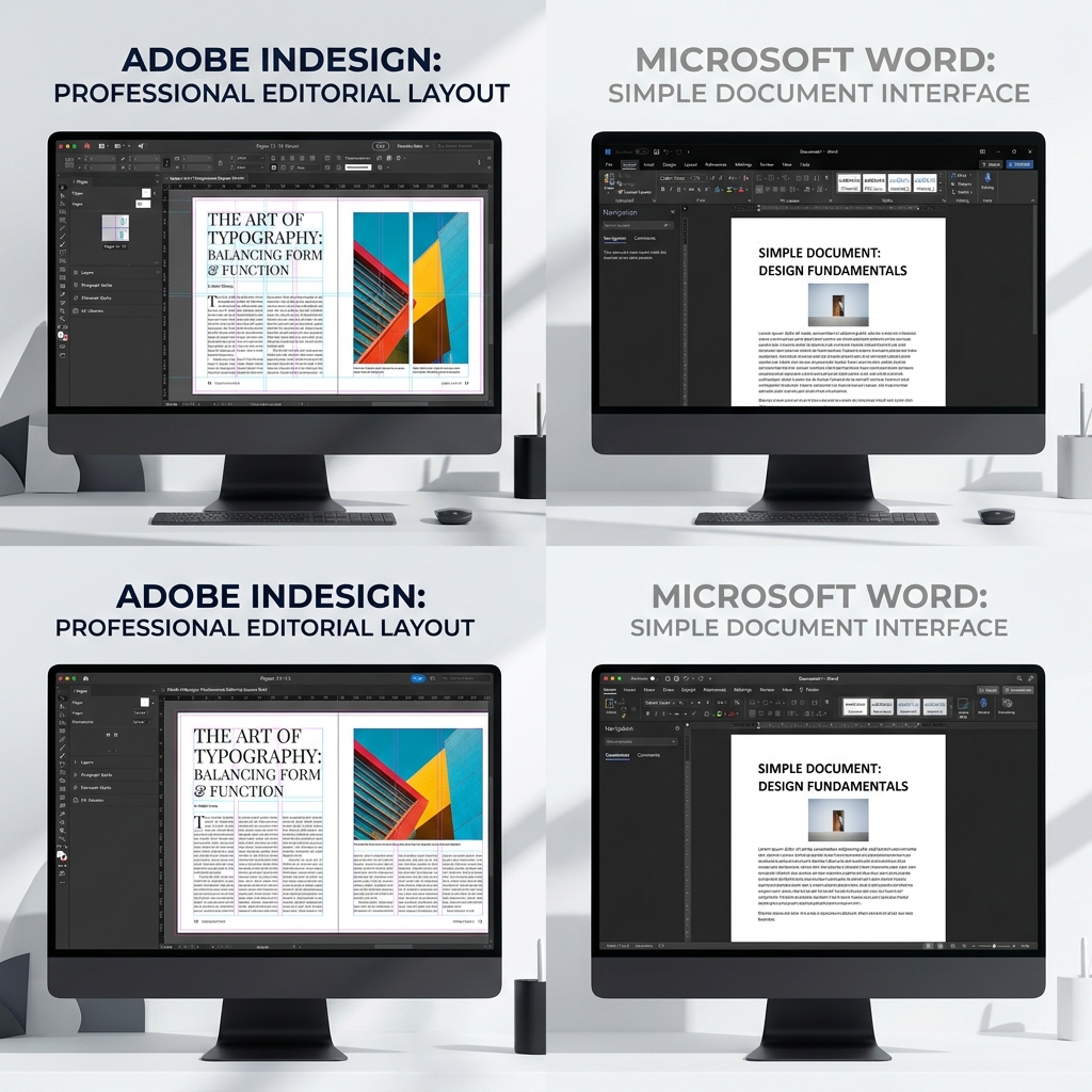 Adobe InDesign interface vs Microsoft Word interface side by side comparison for book formatting