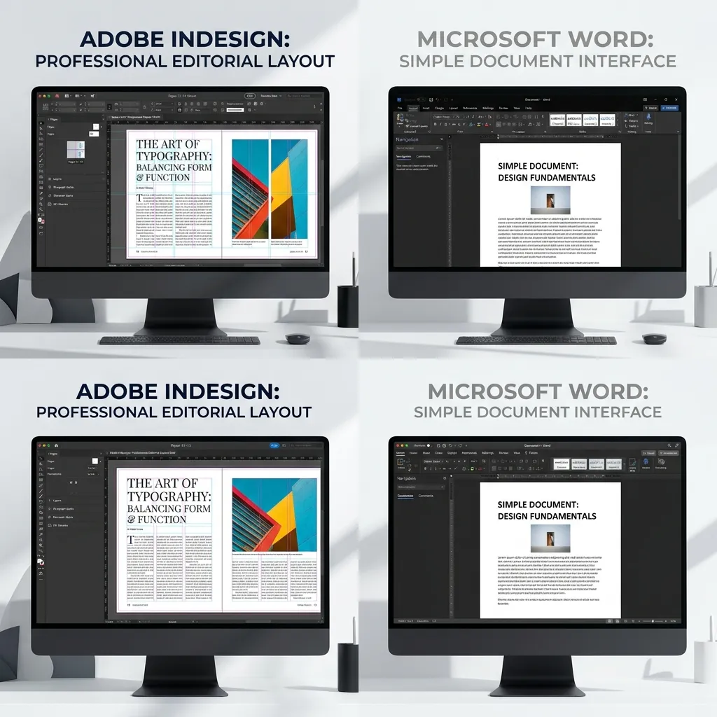 Adobe InDesign interface vs Microsoft Word interface side by side comparison for book formatting